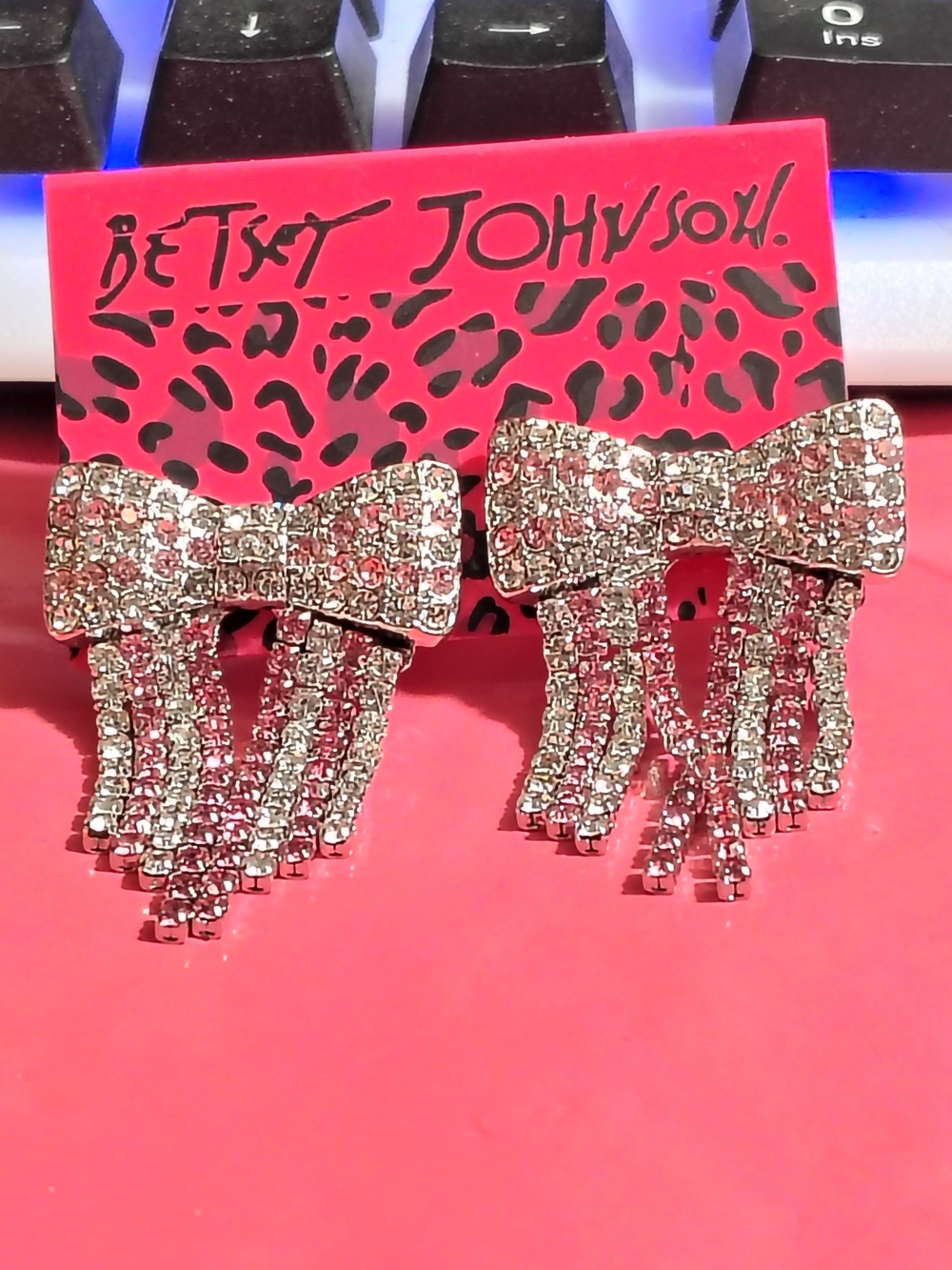 Betsey Johnson Rhinestone Bow Fringe Earrings - Silver